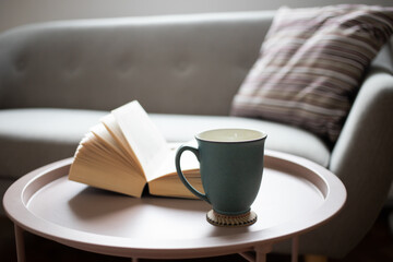 open book on a living room table
