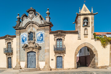 Misericórdia Chapel has a baroque façade covered with tiles. Sao Joao de Pesqueira, Douro Valley, Portugal. - obrazy, fototapety, plakaty