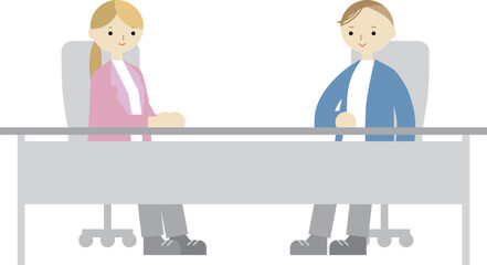 机に着席して相談する男女のイラスト