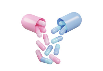 Pastel color Medicine Pills. Pink and Blue Pills flying down out of tablet capsule. 3D Rendering. Pharmacy concept. Drugs awareness.