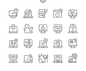 Computer problems. Not charge and overheating. Laptop tech service. Pixel Perfect Vector Thin Line Icons. Simple Minimal Pictogram