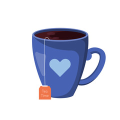 A blue mug with black tea and a tea bag inside. Tea time. Vector illustration