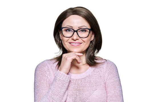 Attractive middle aged woman looking at camera on white isolated background