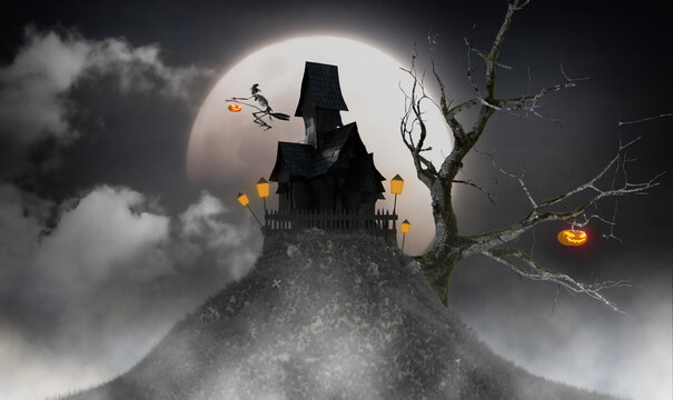 skeleton witch with black castle on small hill and grave halloween festival concept, 3d illustration rendering