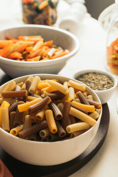 Different macaroni in bowls