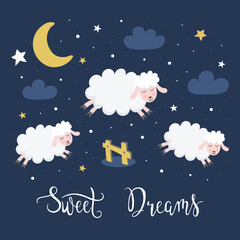Cute greeting card with lambs or sheep jumping over the fence. Insomnia concept, counting sheep. Vector flat illustration.