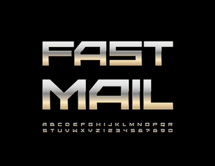 Vector techno emblem Fast Mail. Silver Alphabet Letters and Numbers set. Futuristic style Font