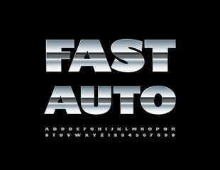 Vector modern banner Fast Auto. Bold metallic Font. Reflective steel Alphabet Letters and Numbers set