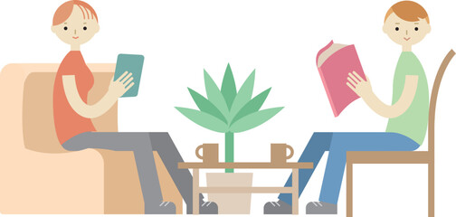 リビングで読書をする男女のイラスト