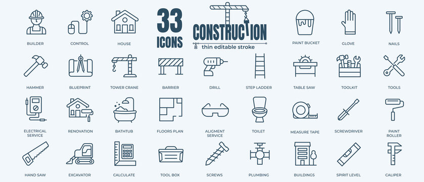 Construction and home repair tools icon set with editable stroke and white background. Thin line style stock vector.