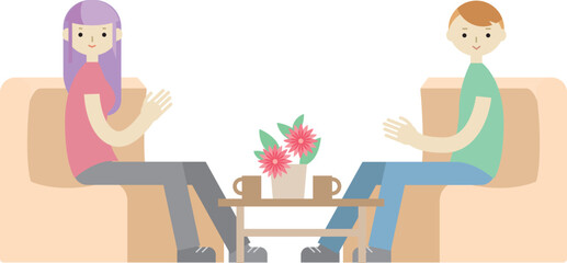 ソファーに座って談笑する男女のイラスト