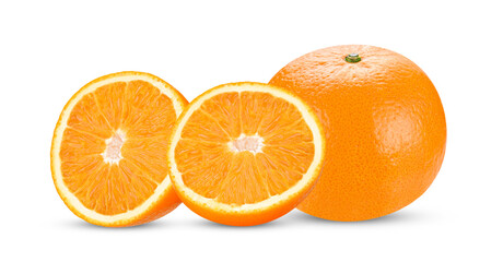 Whole and slices of orange fruit isolated on white background.