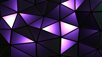 Abstract colorful mosaic background, purple polygons on black, dark trangle shapes stained glass