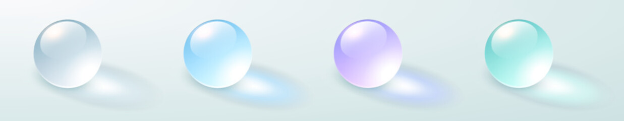 Glass transparent spheres set, multicolored shiny 3D balls with shadows, vector illustration.