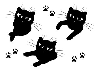 Set of cats. Domestic kitten. Black silhouette of cat head. Tatoo, print.