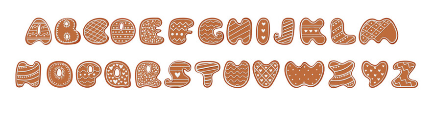Gingerbread alphabet. Creative gingerbread typography design. Biscuit traditional decorative alphabet. Christmas Cookie font.