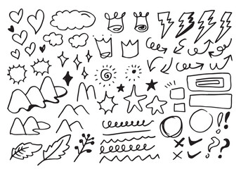 Hand drawn doodle design elements, black on white background. emphasis, Arrow, crown, line, hill. doodle sketch design elements