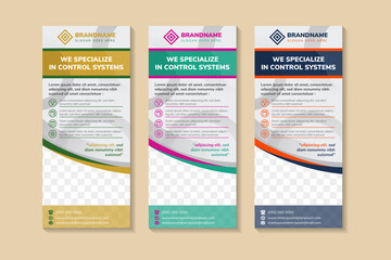 Set of abstract geometric banner template for universal business promotion. Vertical layout combined with curve shape. flat grey  background with space for photo collage and text. 