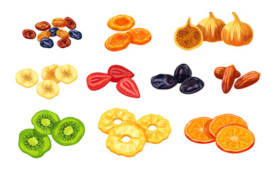 Set of different tasty dried fruits isolated on a white background. Vector illustration of raisin, dried apricots, figs, banana, strawberries, prunes, dates, kiwi, pineapple and orange.	