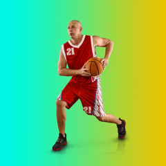Basketball players on Sports background, collage of different professional athletes on gradient multicolored neon background.