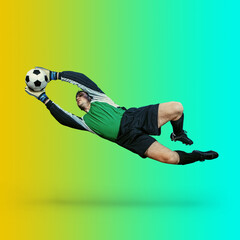 Professional soccer player hitting ball for winning goal in action on gradient multicolored neon...