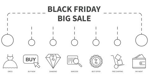 Black Friday Big Sale Vector Illustration concept. Banner with icons and keywords . Black Friday Big Sale symbol vector elements for infographic web