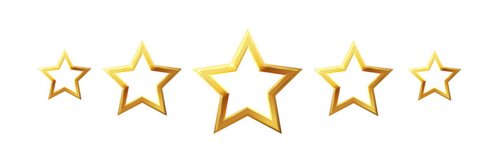 Five stars icon. Stars rating review icon.Vector stars set of realistic metallic golden stars isolated on white background. Symbol wye of leadership. Vector illustration