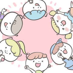 《元気ポーズのこどもシリーズ》円になって楽しくダンスするようにはしゃぐ子どもたち　全身バージョン3