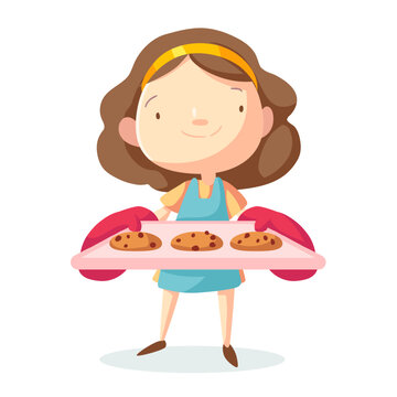 Cute smiling woman holding a tray of fresh homemade cookies. Vector illustration in cartoon style