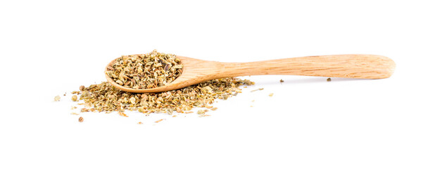 Dried oregano in wood spoon on white background
