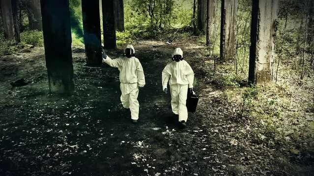 Polluted, post nuclear area with abandoned warehouse and colorful smoke. Scientist in safety uniforms looking for samples