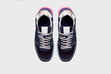 Blank Blue women's basketball tennis sneakers with high sole. Female sports shoes, boots isolated on white background. Footwear, pair of casual training shoes. Template, mock up. Flat lay, above view