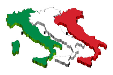 Italy: silhouette of Italy in 3D, with the colors of the flag, graphic illustration of the nation in the correct official colors of the flag and neutral background.
