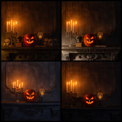 Scary laughing pumpkin and old skull on ancient gothic fireplace. Halloween, witchcraft and magic...