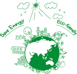 Ecology concept of recycling with creative drawing on global 