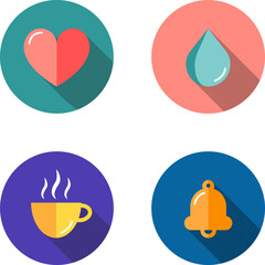 Set of four vector flat icons - heart, drop, cup and bell. Material design with long shadows and highlights. Beautiful colorful round pictograms made in the same style. Scaled without loss of quality.
