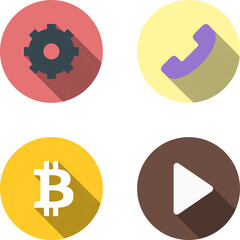 Set of 4 vector flat icons - gear, phone, bitcoin, start. Material design with long shadows and highlights. Cool colorful round pictograms made in the same style. Scaled without loss of quality.
