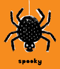 Cute Hand Drawn Kawaii Style Halloween Vector Illustration with Big Black Spider and Handwritten Spooky. FunnyTarantula on an Orange Background. Cool Halloween Print ideal for Card, Poster, Wall Art.