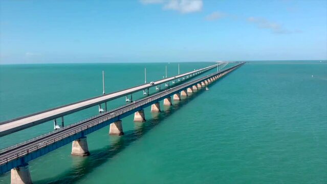 Moving left aerial drone shot of 7 Mile Bridge in Florida Keys