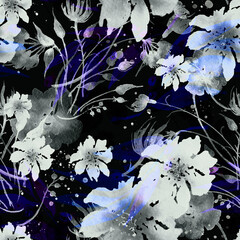 Watercolor seamless pattern. Branch with berry Watercolor background, drawing with autumn leaves, plants, berries, branches of linden, aspen.Chamomile flower, calendula. Abstract background.thickets