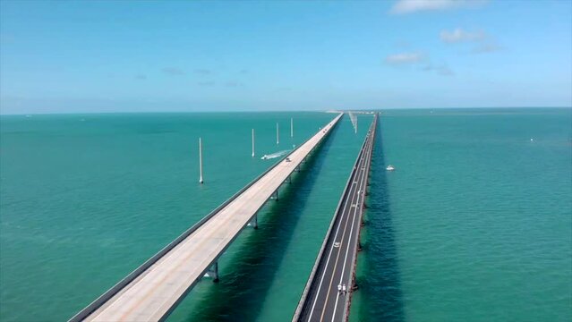 Static aerial drone shot of 7 Mile Bridge in Florida Keys