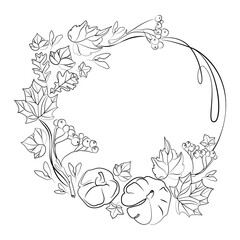Autumn Round frame wreath with pumpkins,leaves and branches of rowan vector black and white sketch illustration.Line art drawing autumn wreath with gifts of nature with empty space for text.