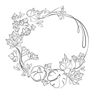 recommend clip art: Autumn Round frame wreath with pumpkins,leaves and branches of rowan vector black and white sketch illustration.Line art drawing autumn wreath with gifts of nature with empty space for text.
