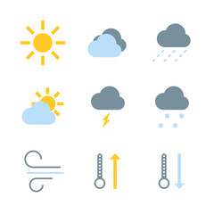 Obraz premium Set of nine weather icons for forecasts. Symbols of sun, rain, snow, lightning, temperature, wind and clouds. Three colors, vector EPS10.