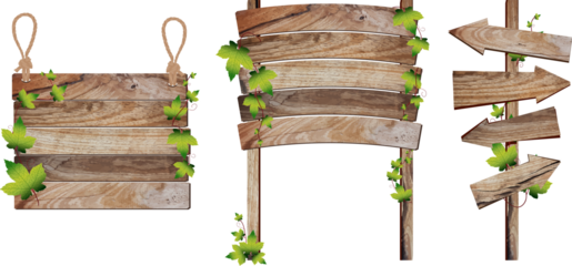 Wooden signs with green leaves decorative elements