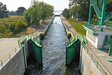 The historic sluice in Przegalina for ships sailing at different water levels between the Vistula...