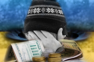 Defocus man hiding face. Increase in the cost of gas bill. Ukraine flag. Soaring energy prices....