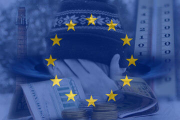 Defocus man hiding face. Increase in cost of gas bill. European Union flag. Energy prices. Cold...