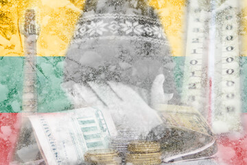 Defocus man hiding face. Increase in the cost of gas bill. Lithuania flag. Russia war sanctions. Economy problems. Energy crisis in Europe. Cold hard winter. Poverty sad citizen. Out of focus