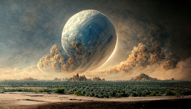 Planet Earth-type, exo-planet in outer space, alien planet in far space. fantasy landscape, galaxy, unknown planet, neon space galaxy portal.  3d illustration.